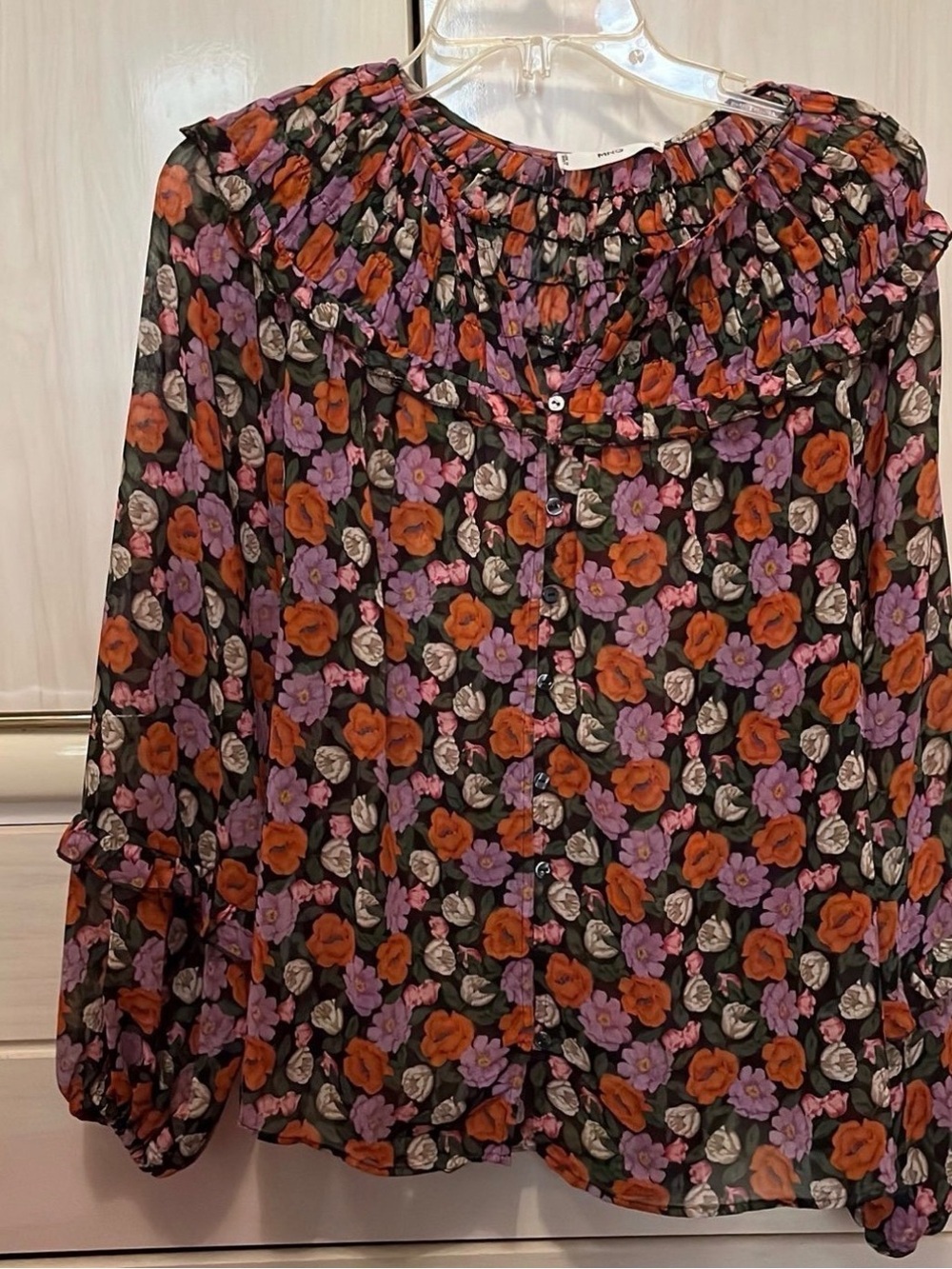Mango Floral Ruffle Neck Blouse